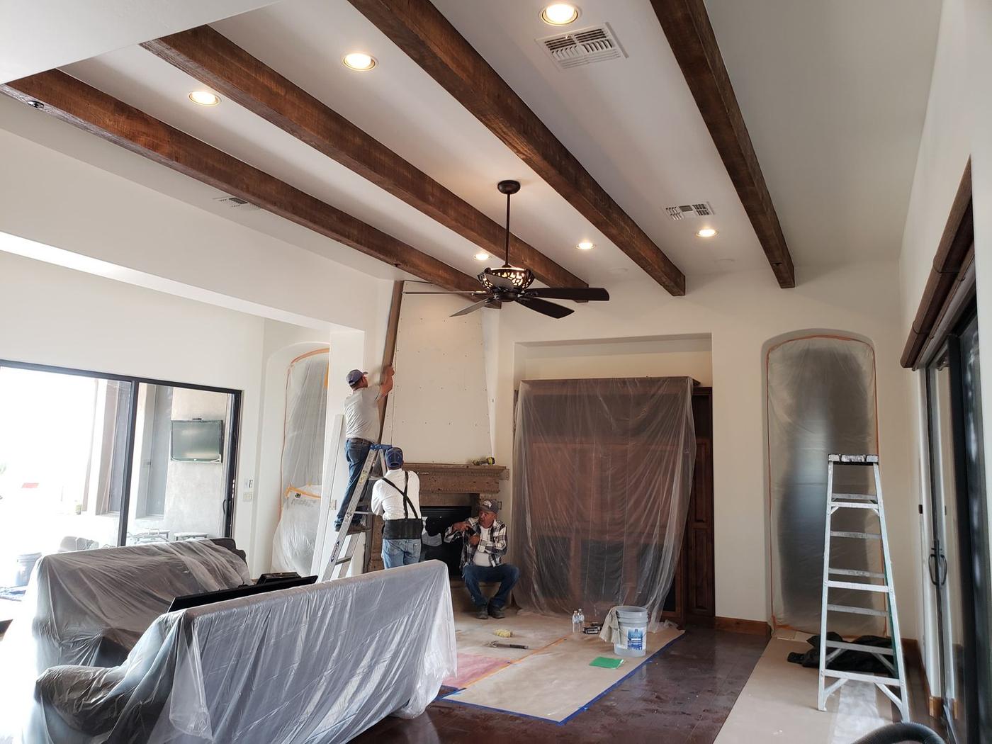Great room with a wood-beam ceiling