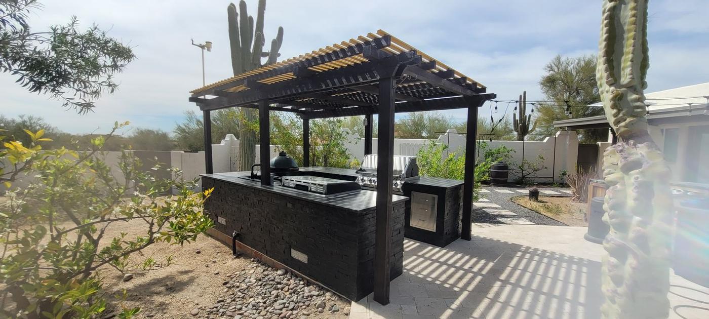 Pergola and outdoor kitchen, desert landscape