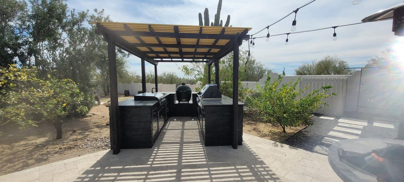 Dark-stained pergola, backyard patio